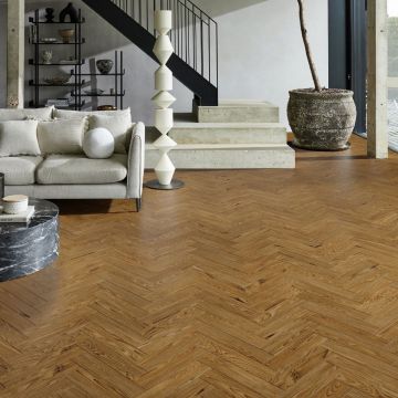 Chene12 14mm Engineered Wood Flooring 14/3 X 90mm Golden Handscraped Brown - Herringbone